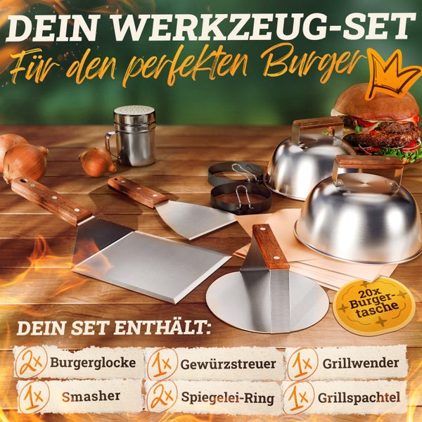 LIKAYA® Smash Burger Master-Set XXL [9-tlg.] Edelstahl mit Akazienholz-Griffen für Plancha, Grillplatte, Gasgrill & Feuerplatte | 1x Smasher, 2x Burgerglocke, 1x Grillspachtel, 1x Grillwender & mehr