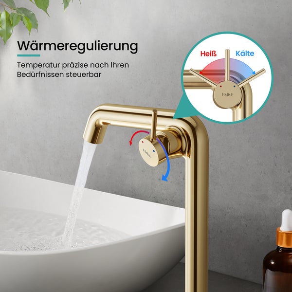 EMKE Einhebel-Waschtischarmatur, Badarmaturen, Waschbecken Armatur - Schweizer Design，G3/8, Wassersparend, Korrosionsschutz, Warm- & Kaltwasser, Bleifreies Messing,332x220x76mm,Champagnergold