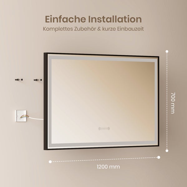 Rechteckiger LED-Badspiegel mit Touch-Display, Maße 1200 mal 700 Millimeter, Darstellung der Wandmontage und des Elektroanschlusses.