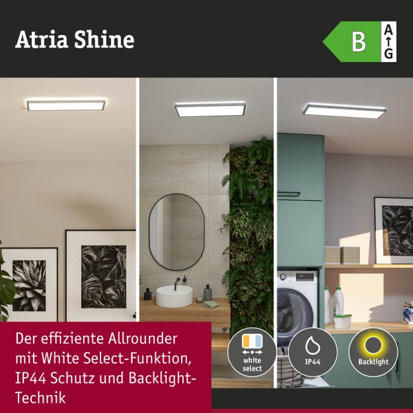 Moderne LED-Deckenleuchte Atria Shine im Badezimmer und Waschraum. Mit einstellbarem Weißlicht, IP44-Schutz und Backlight. Energieeffizienzklasse B.