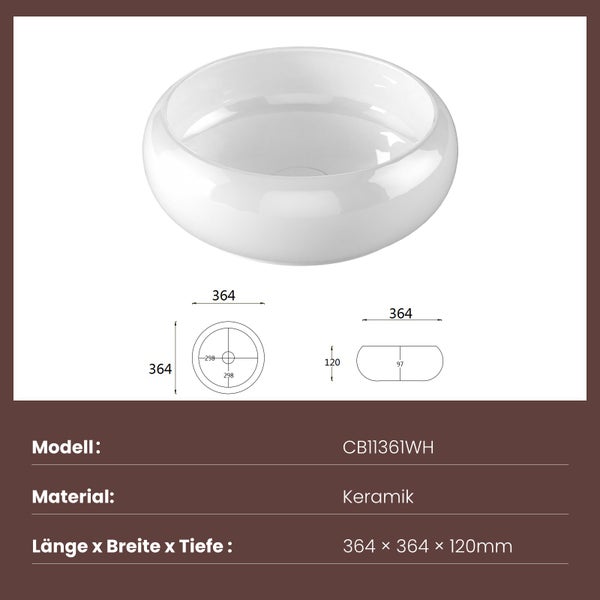 EMKE Aufsatzwaschbecken Ø36 cm, Keramik, Glänzend Weiß, Rund, Design Waschtisch für Bad & Gäste-WC, Pflegeleicht, Feuchtigkeitsbeständig, Höhe 12 cm
