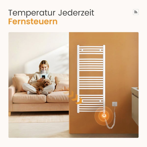 Handtuchwärmer mit Fernbedienung und Frau mit Hund auf dem Sofa