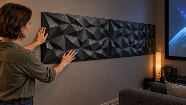 Eine Person bringt geometrische Wandpaneele mit dreidimensionaler Oberfläche an einer Wohnzimmerwand an.