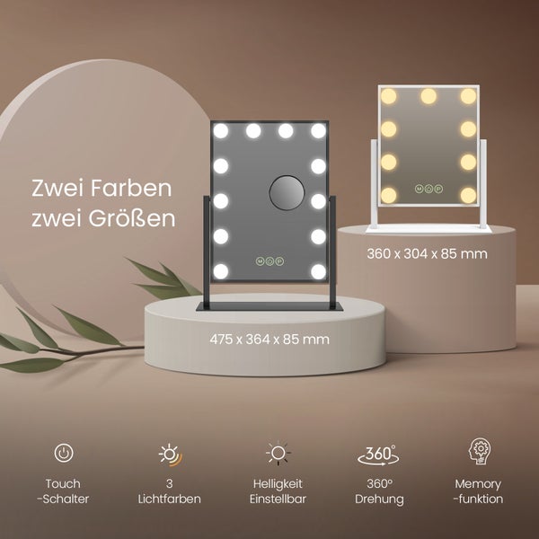 EMKE Hollywood Schminkspiegel mit Beleuchtung 30×41 cm, 12 dimmbare LEDs, 3 Lichtfarben, 360° drehbar, Speicherfunktion, Schwarz