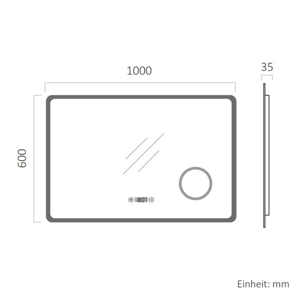 Technische Zeichnung eines Spiegels mit den Maßen 1000 mal 600 mal 35 Millimeter