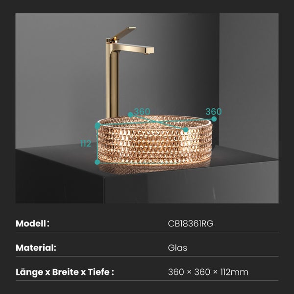 EMKE Aufsatzwaschbecken Ø36 cm, Crystal Glass, Rundes Waschbecken, Roségold, Höhe 112 mm, Elektroplattiertes Design, Ohne Hahnloch, Modernes Badezimmer Waschtisch