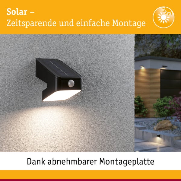 Solar LED Wandfluter Lesly Dämmerungsgesteuerter Bewegungsmelder (IR) IP65 eckig 113x126mm 3000K 5,5W 400lm 3,7V Anthrazit Kunststoff