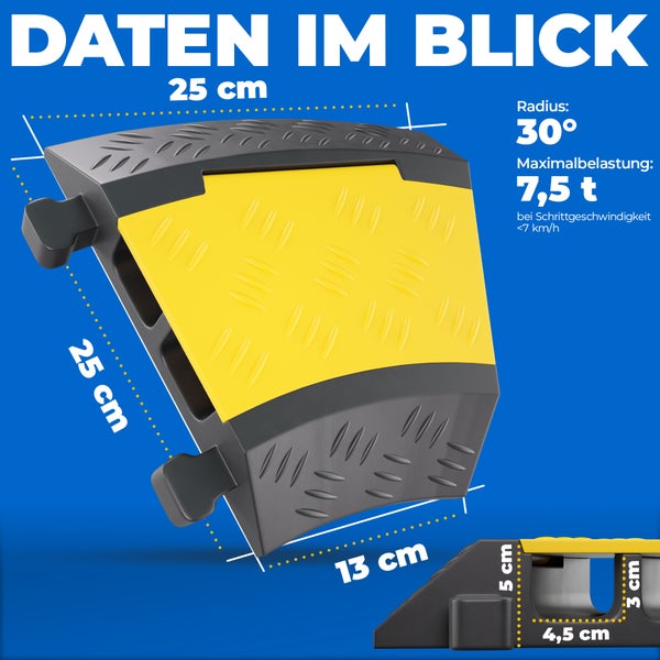 2 Kanal Bogen 30° Kabelbrücke mit Deckel überfahrbar Stolperschutz Rampe Brücke Protektor | 7,5 t Tragkraft | Gummi