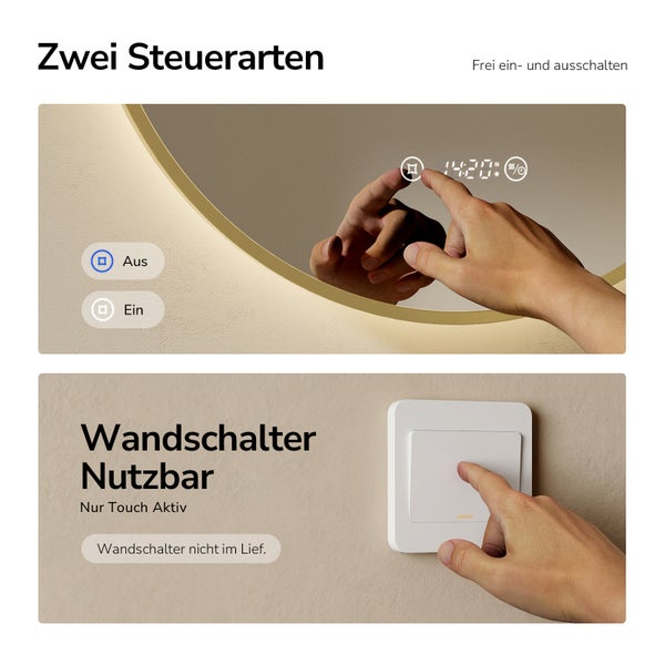 LED-Badspiegel mit zwei Steuerungsarten: Touch-Bedienung am Display und Kompatibilität mit externen Wandschaltern.