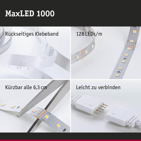 MaxLED 1000 LED-Streifen Eigenschaften: rückseitiges Klebeband, 128 LEDs pro Meter, alle 6,3 Zentimeter kürzbar und leicht zu verbinden