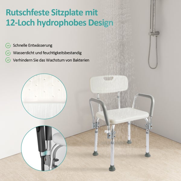 EMKE Duschhocker für Senioren – Duschstuhl mit Armlehnen und Rückenlehne, höhenverstellbarer Duschsitz, Badhocker für Dusche und Badewanne, belastbar bis 135 kg, Weiß