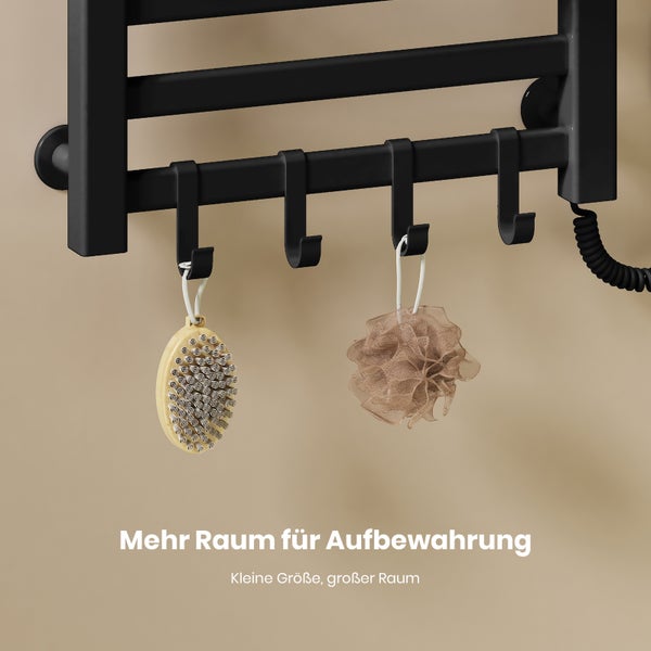 Schwarzer Handtuchwärmer mit Haken zum Aufhängen von Badezimmerutensilien