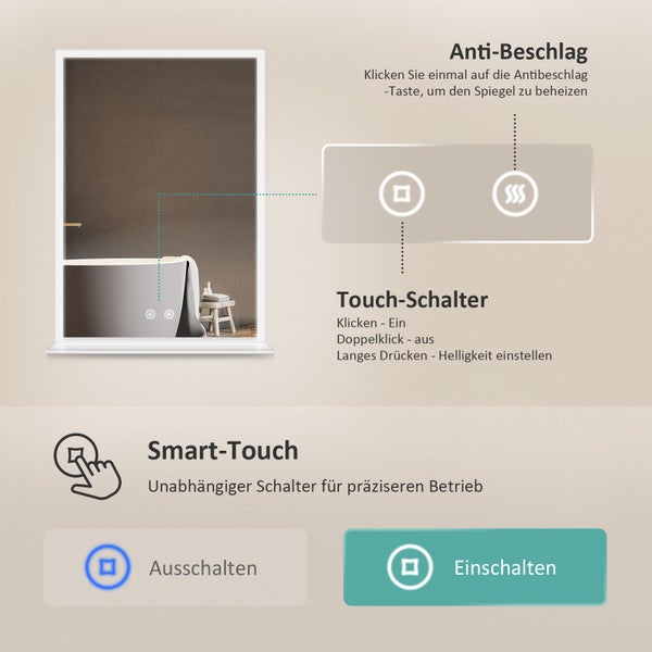 EMKE LED Badspiegel mit Ablage 70x50 cm, Kaltweiß, dimmbar, Touch-Schalter, Anti-Beschlag, mattierte Kanten, IP44, für Badezimmer geeignet