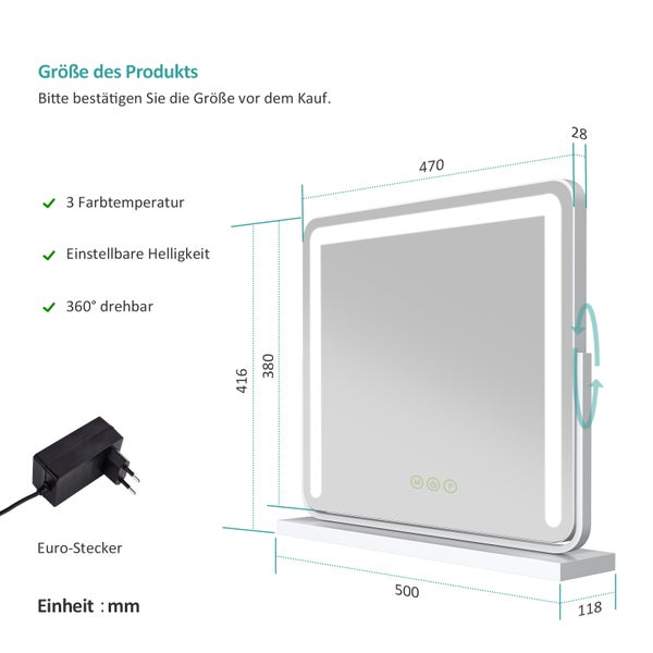 EMKE LED-Kosmetikspiegel 500x416mm, dimmbar mit 3 Lichtfarben, Touchschalter & Memory-Funktion, 360° drehbar, HD-Spiegelfläche, bohrfrei, Weiß