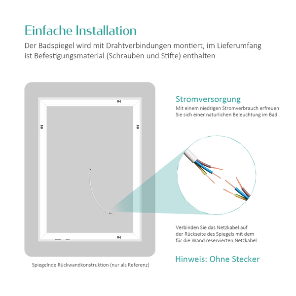 EMKE Badspiegel mit Beleuchtung 60 x 40 cm, Warmweiß/Kaltweiß, beschlagfrei, LED-Rückbeleuchtung, Kippschalter, IP44, für Bad