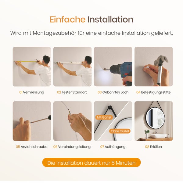 EMKE Badspiegel mit Beleuchtung ф60cm, LED-Spiegel mit Touchschalter, Anti-Beschlag, 3 dimmbare Lichtfarben