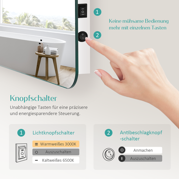 EMKE Badspiegel mit Beleuchtung 60 x 40 cm, Warmweiß/Kaltweiß, beschlagfrei, LED-Rückbeleuchtung, Kippschalter, IP44, für Bad