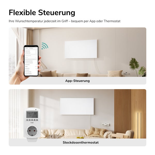 Wandheizung mit App-Steuerung und Steckdosenthermostat für die komfortable Regelung der Raumtemperatur in einem Wohnzimmer.