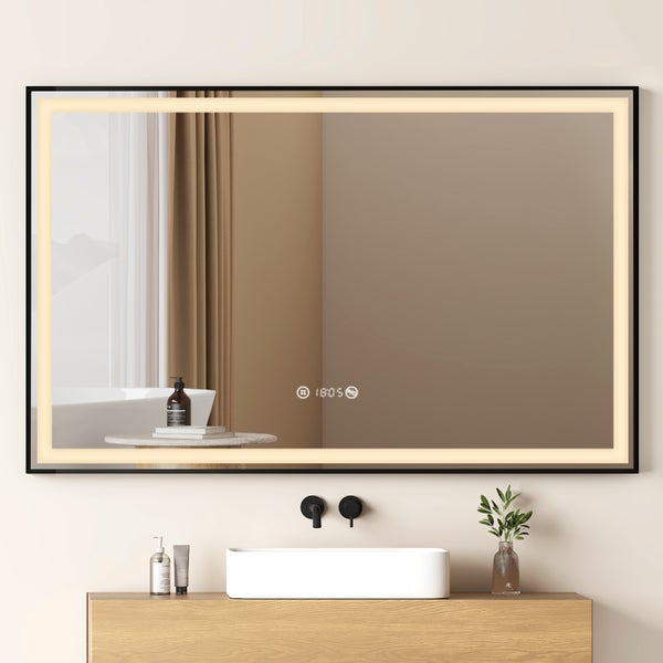 EMKE LED Badspiegel mit Beleuchtung 1200×700 mm, Mattierter Spiegelrand, 4300K Neutrallicht, Antibeschlag & Uhr, Schwarzer Rahmen, für Badezimmer geeignet