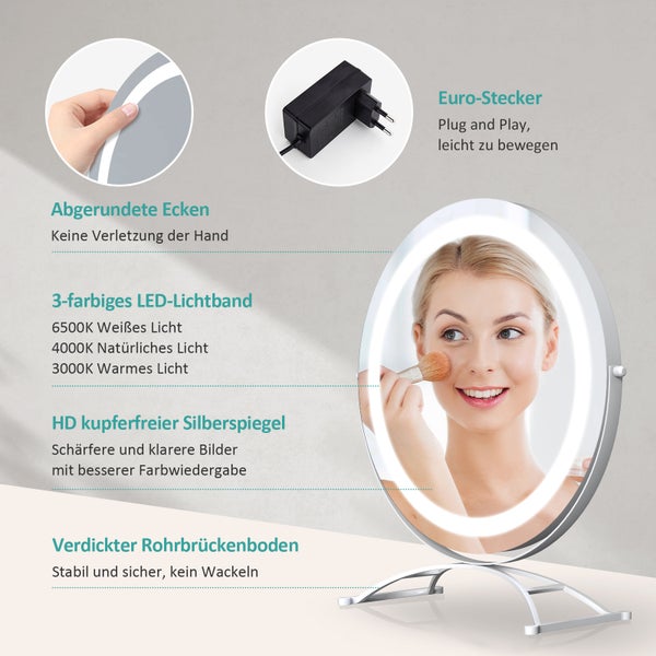 EMKE Kosmetikspiegel mit Beleuchtung ф40cm, Tisch-Standspiegel, 3 dimmbare Lichtfarben, Touchsteuerung, 360° drehbar, 4mm HD-Spiegelfläche mit matter Kante, für Schlafzimmer, Weiß
