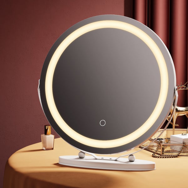 EMKE Kosmetikspiegel Tischspiegel Ø48 cm mit Beleuchtung, 3 Lichtfarben, Dimmbar, Touch-Schalter, 360° Drehbar, Power Memory, Standspiegel mit Mattweißem Rahmen, für Schminktisch