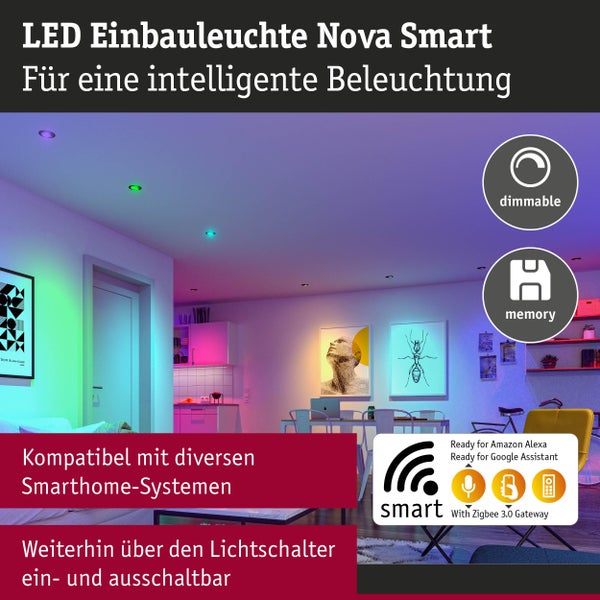 LED Einbauleuchte Nova Smart in einem Wohnraum mit der Information, dass sie dimmbar ist und über eine Speicherfunktion verfügt. Kompatibel mit diversen Smart Home Systemen, sowie Amazon Alexa und Google Assistant. Steuerung mit Zigbee 3.0 Gateway