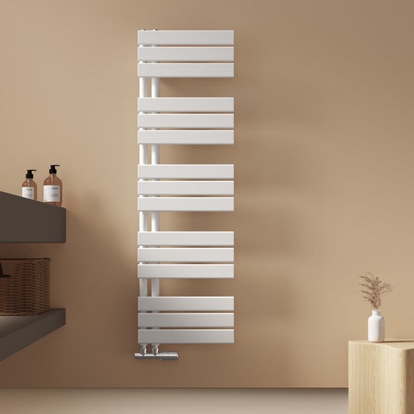 EMKE Badheizkörper Flach 1320x400 mm Weiß, Handtuchwärmer für Badezimmer Handtuchtrockner, Panel Handtuchhalter Seitenanschluss für Wasser 570W