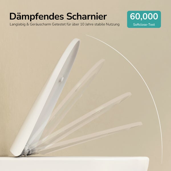 Absenkautomatik Scharnier für Toilettendeckel mit 60000 Softclose-Testzyklen für lange und geräuscharme Nutzung von über 10 Jahren