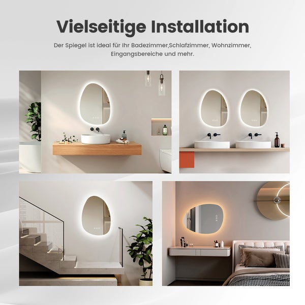 EMKE LED Badspiegel 75x55 cm, asymmetrisches Design, 3 dimmbare Lichtfarben und Helligkeit, Anti-Beschlag, Memory-Funktion, IP44, flexible Montage, für Bad