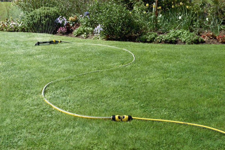 Rasensprenger mit Gartenschlauch auf einer Rasenfläche