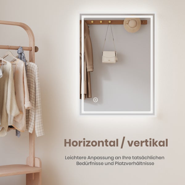 EMKE Badspiegel mit Beleuchtung 80 x 60 cm, Kaltweiß/Warmweiß/Neutralweiß, LED-Spiegel mit Touchschalter und Sensor, Anti-Beschlag, IP44