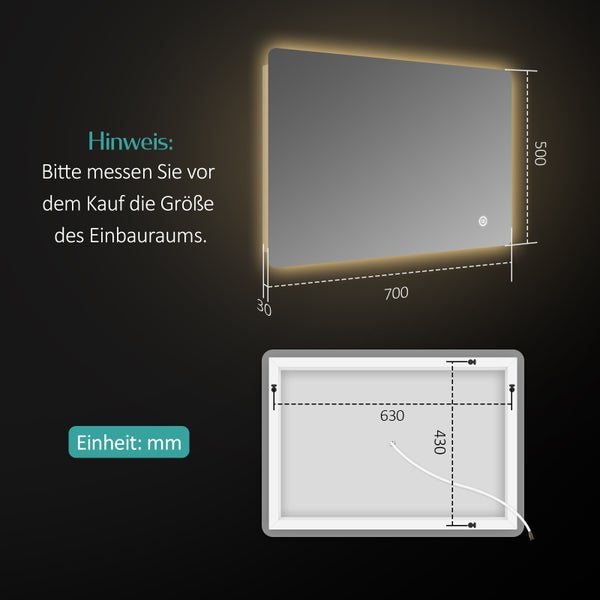 EMKE Badspiegel mit Beleuchtung 70x50 cm, LED-Spiegel mit Touchschalter, 3 Lichtfarben einstellbar, Beschlagfreie, Anti-Rost Spiegel, IP44, für Bad