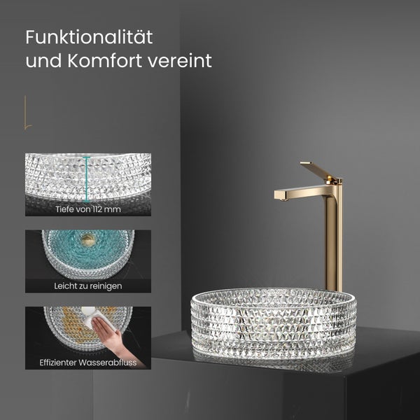 EMKE Aufsatzwaschbecken Ø 36 cm, Crystal Glass, Rundes Waschbecken, Transparent, Höhe 112 mm, Elektroplattiertes Design, Ohne Hahnloch, Modernes Badezimmer Waschtisch