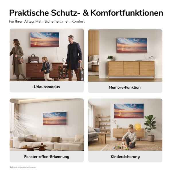 Übersicht der Heizungsfunktionen: Urlaubsmodus, Memory Funktion, Fenster offen Erkennung und Kindersicherung für mehr Sicherheit und Komfort.