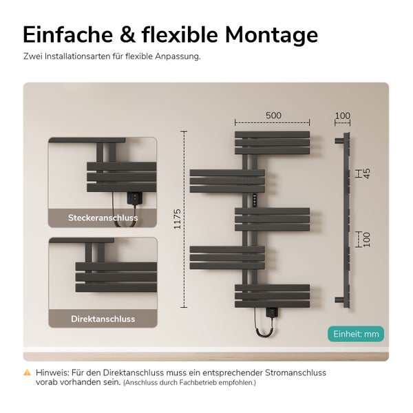 Montageanleitung für elektrischen Handtuchheizkörper mit Stecker- oder Direktanschluss inklusive technischer Maßangaben in Millimetern.