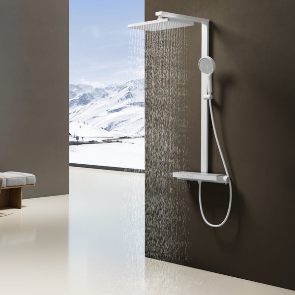 EMKE Duschsystem mit Thermostat, Mattweiß, Duscharmatur-Komplettset, 3-Strahlarten-Duschkopf, Temperatur-LED-Display, Chlorfilter, mit 40 cm Ablagearmatur, für Badezimmer