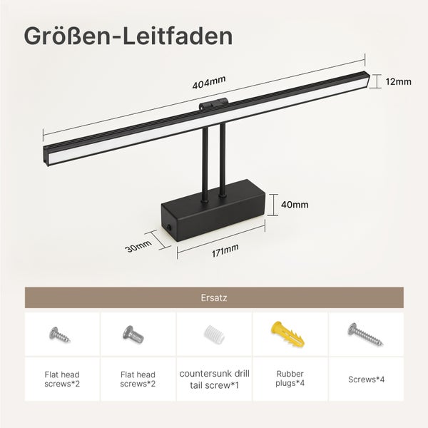 Größenleitfaden für eine LED Lampe mit den Maßen 404 mm Länge, 12 mm Breite, Sockel 171 mm Länge, 30 mm Breite und 40 mm Höhe. Ersatzteile: Flachkopfschrauben, Senkkopf-Bohrschraube, Dübel und Schrauben.