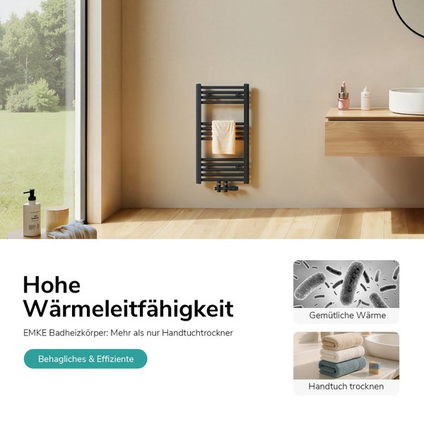 EMKE Badheizkörper mit Handtuch im modernen Badezimmer.