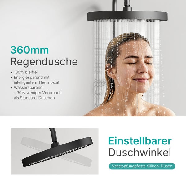 EMKE Duschsystem Thermostat, 4 Auslässe mit Rainfall-Kopfbrause, Handbrause & Kinderbrause, Wannenauslauf, digitales Display, Vorlauf-Funktion, Ablage & Entchlorung, Schwarz