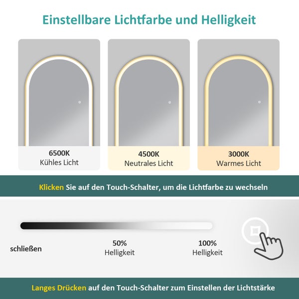 EMKE Bogen Standspiegel Gold, 147 x 45 cm, Ganzkörperspiegel mit LED-Beleuchtung, 3 einstellbare Lichtfarben und dimmbar, Aluminiumrahmen, ideal für Wohn-, Schlaf-, Aufenthalts- und Ankleidezimmer