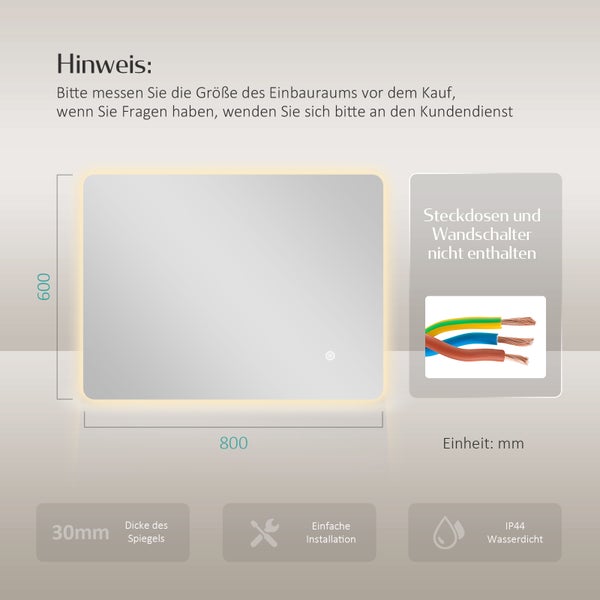 EMKE Badspiegel mit Beleuchtung 80x60 cm, LED-Spiegel mit Touchschalter, 3 Lichtfarben einstellbar, Beschlagfreie, Anti-Rost Spiegel, IP44, für Bad