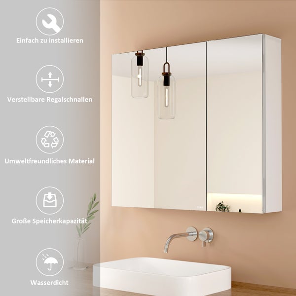 EMKE Spiegelschrank, 2-Türig,  75x65 cm, Badschrank mit doppelseitigen Spiegeltüren, weiß
