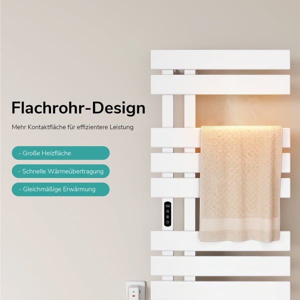 Weißer Handtuchheizkörper mit flachem Rohrdesign, digitalem Thermostat und gleichmäßiger Wärmeverteilung, inklusive eines trocknenden Handtuchs.
