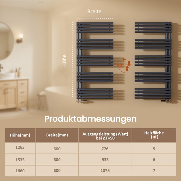 EMKE Badheizkörper mit Handtuchfunktion 1535×600 mm Rundrohr, Warmwasserheizung, Anthrazit, 933W, Stahl, Wandmontage, für Badezimmer geeignet