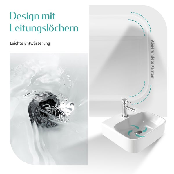 EMKE Aufsatzwaschbecken 435 x 395 x 130 mm, Kleines Waschbecken Handwaschbecken für Badezimmer mit Hahnloch, Weiß