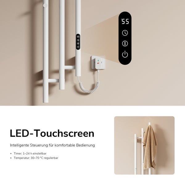 Elektrischer Handtuchheizkörper mit LED-Touchscreen, Temperaturregelung von 30 bis 70 Grad Celsius und 24-Stunden-Timer.