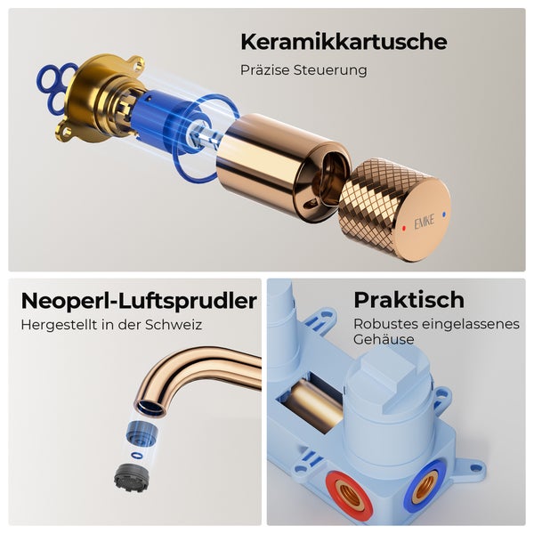 Produktmerkmale Armatur: Keramikkartusche, Neoperl-Luftsprudler hergestellt in der Schweiz und robustes eingelassenes Gehäuse.