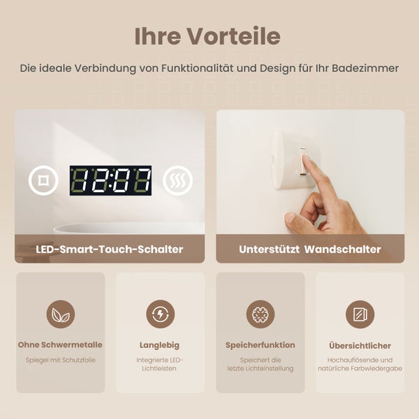 Produktvorteile eines Badezimmerspiegels mit LED-Beleuchtung, Touch-Schalter, Wandsteuerung, Schutzfolie und Speicherfunktion.