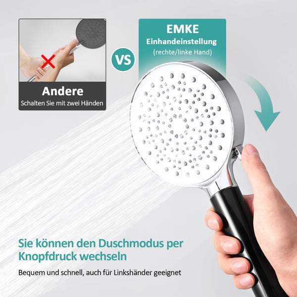 EMKE Duschkopf mit 6 Strahlarten – Regendusche Handbrause, Chrom, Universelle G1/2 Schnittstelle, Hochdruck Wassersparend, Anti-Kalk-Funktion für Badezimmer