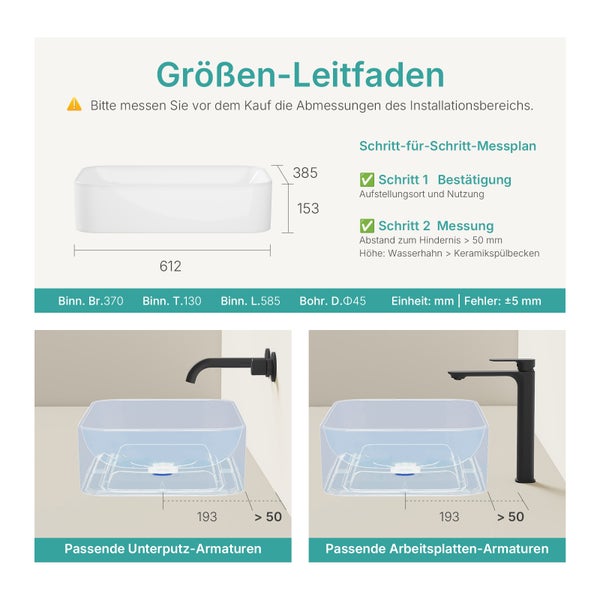 Größeninformationen für ein Waschbecken mit zugehörigen Armaturen